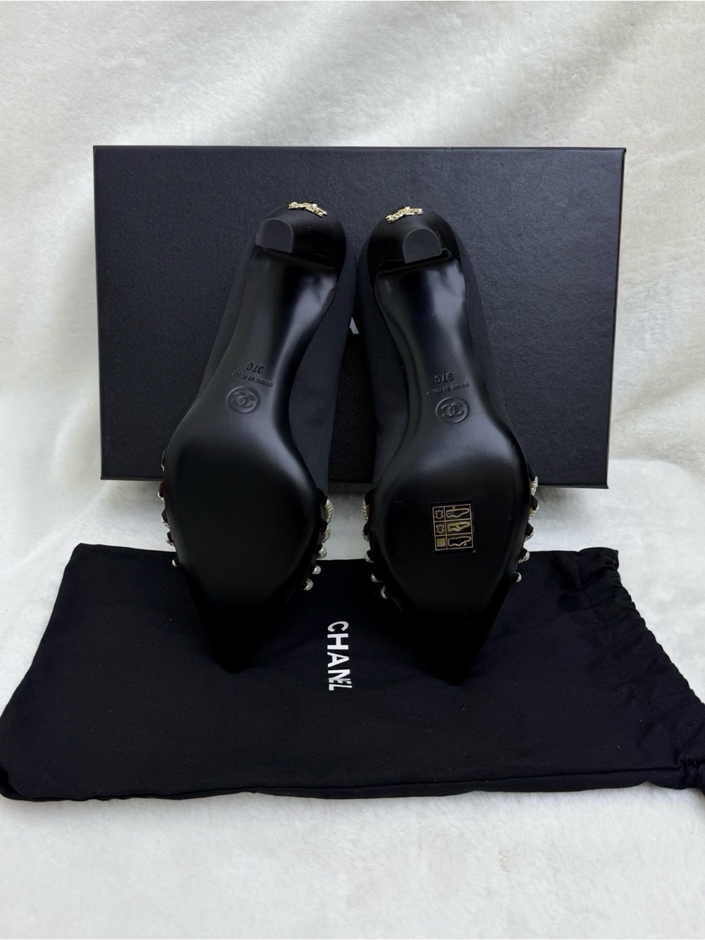 CHANEL Black Satin Pointed Pumps with Pearl Tassel Accent - Picture 5 of 6